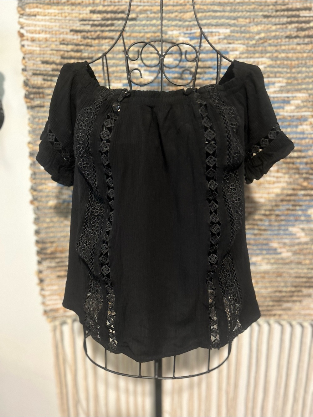 Ambiance Black Lace-Trim Short Sleeve Women's Top